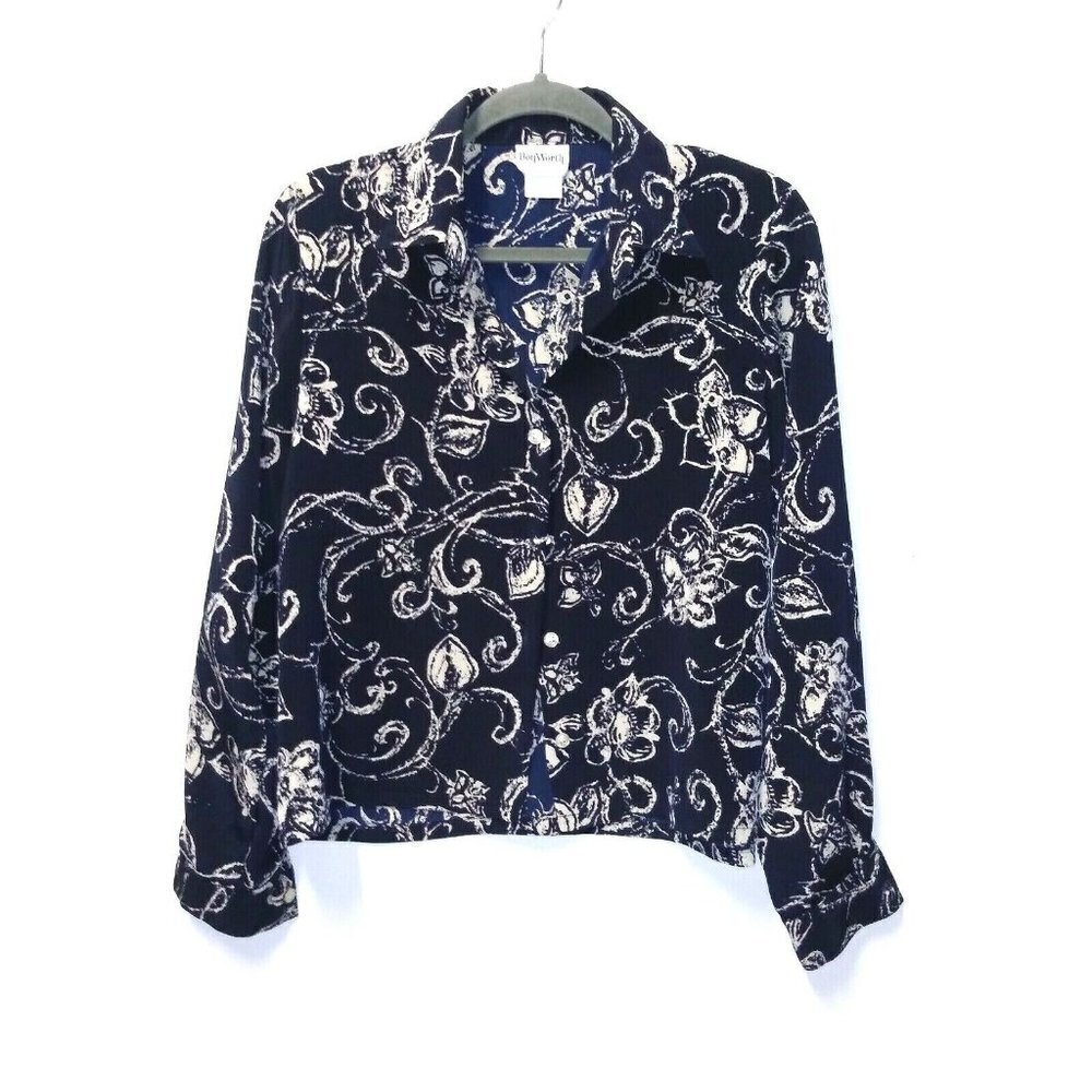 BON WORTH Womens Shirt collared Paisley S/M/L Navy blue No-Iron Relaxed floral